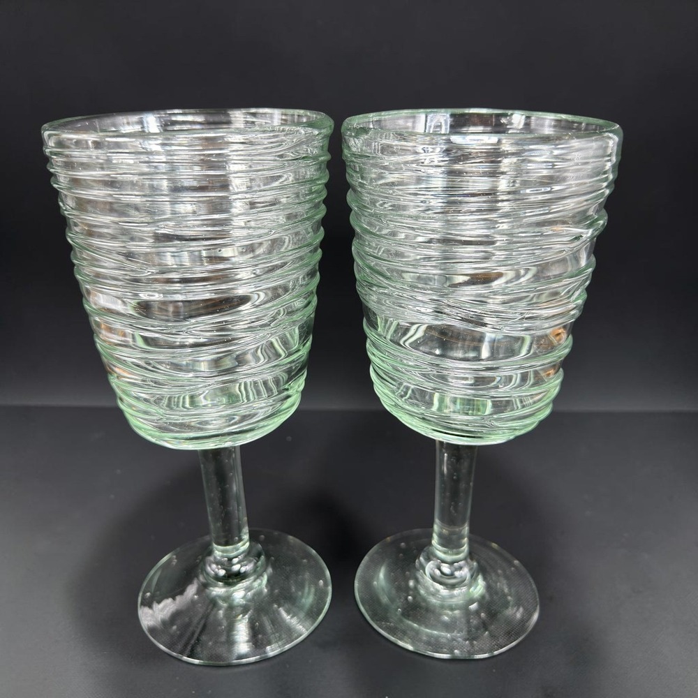 Pier 1 Set 2 Light Green Ribbed Beehive Wine Goblets Glassware 7.5" Tall Cups